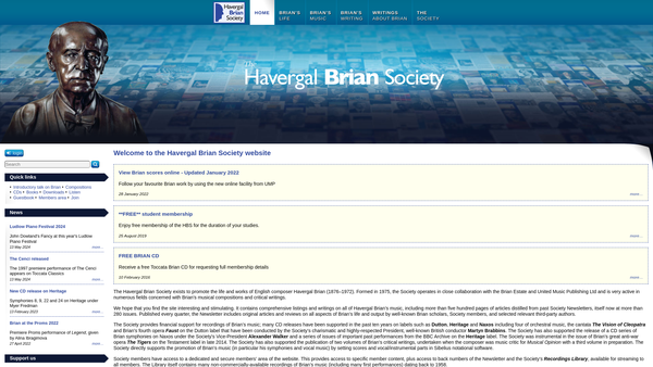 Screenshot of the Havergal Brian Society website
