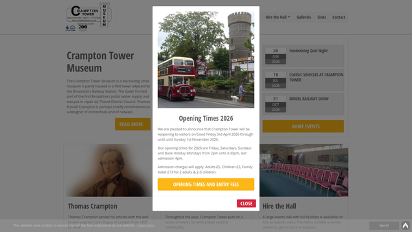 Screenshot of the Crampton Tower Railway Museum Society website