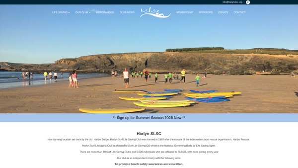 Screenshot of the Harlyn Surf Life Saving Club website