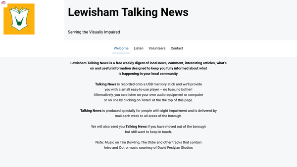 Screenshot of the Lewisham Talking Newspaper website