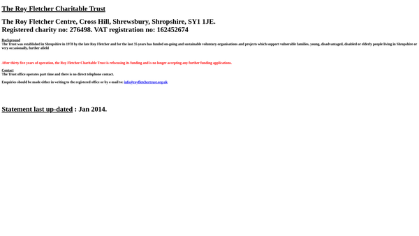 Screenshot of the The Roy Fletcher Charitable Trust website