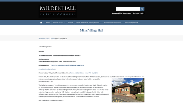 Screenshot of the The Mildenhall Village Hall Association website