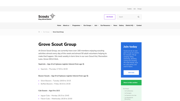Screenshot of the Grove Scout Group website