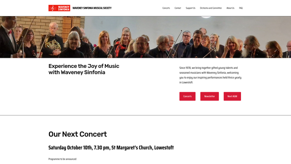 Screenshot of the Waveney Sinfonia Musical Society website