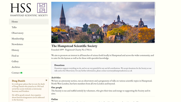 Screenshot of the Hampstead Scientific Society website