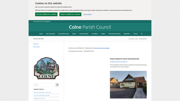 Screenshot of the Colne Village Hall website