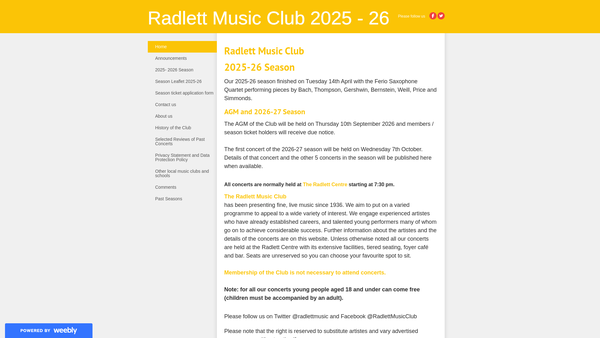 Screenshot of the Radlett Music Club website