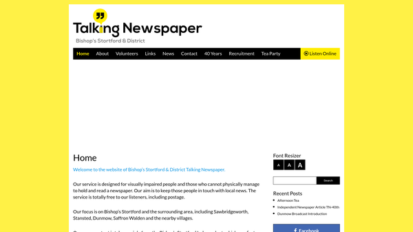 Screenshot of the Bishop's Stortford & District Talking Newspaper website