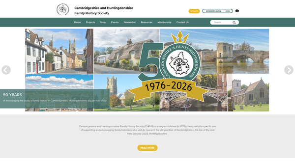 Screenshot of the Cambridgeshire & Huntingdonshire Family History Society website