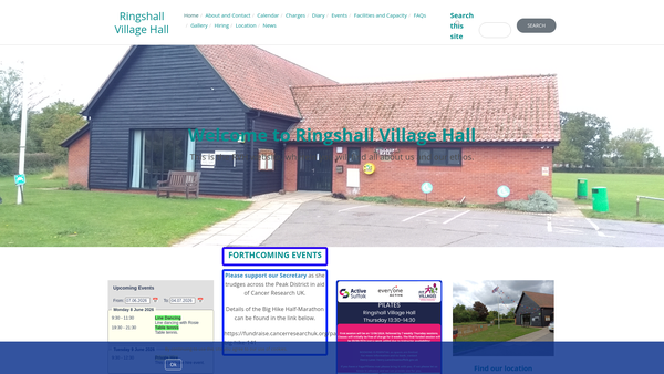 Screenshot of the Ringshall Village Hall website