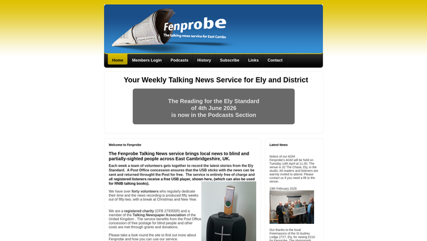 Screenshot of the Fenprobe Talking Newspaper website