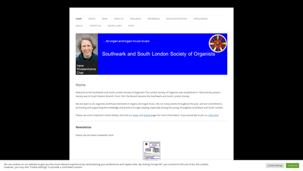 Screenshot of the The Southwark And South London Society Of Organists website