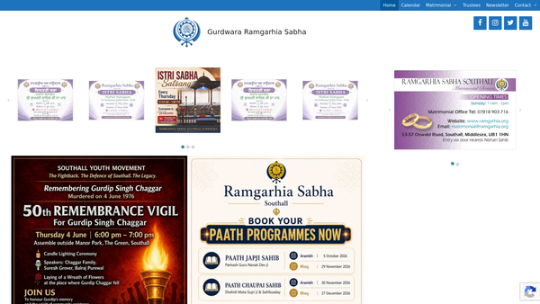 Screenshot of the Ramgarhia Sabha Southall website