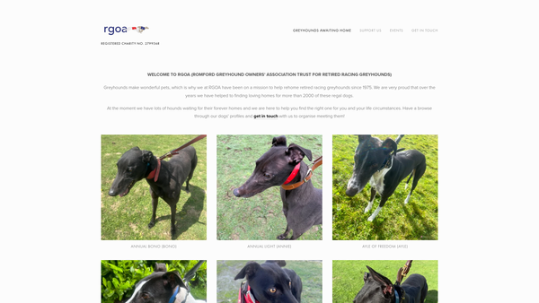 Screenshot of the The Romford Greyhound Owners Association Trust For Retired Racing Greyhounds website