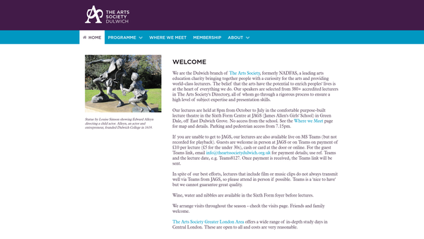Screenshot of the The Arts Society Dulwich website