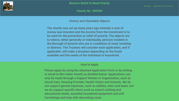 Screenshot of the Brame's Relief In Need Charity website