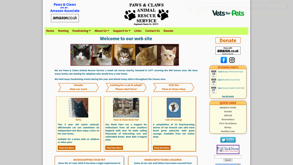Screenshot of the Paws And Claws Animal Rescue Service website