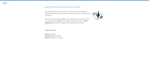 Screenshot of the East Grinstead Music And Arts Festival Association website