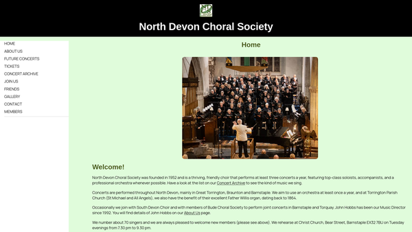 Screenshot of the The North Devon Choral Society website