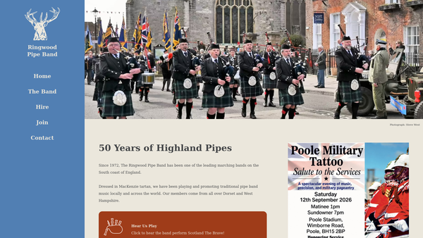 Screenshot of the Ringwood Pipe Band website