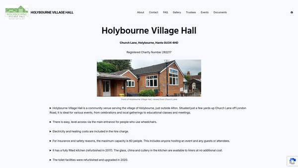 Screenshot of the Holybourne Village Hall website
