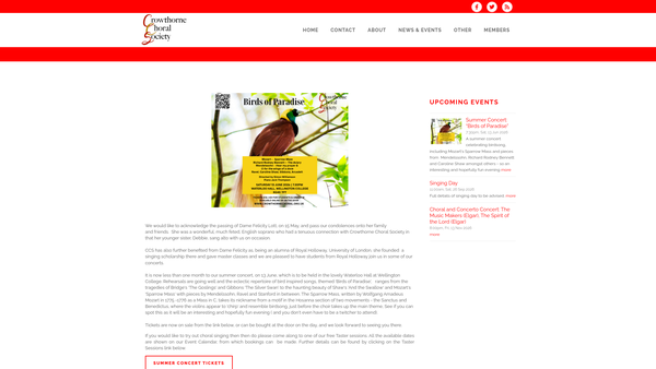 Screenshot of the Crowthorne Choral Society website