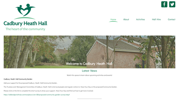 Screenshot of the Cadbury Heath Parish Hall website