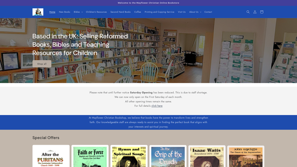 Screenshot of the The Mayflower Christian Bookshops Charity Trust website