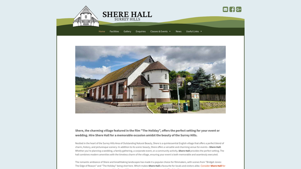 Screenshot of the Shere Village Hall website