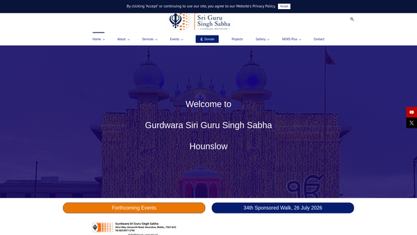 Screenshot of the Gurdwara Sri Guru Singh Sabha, Hounslow website