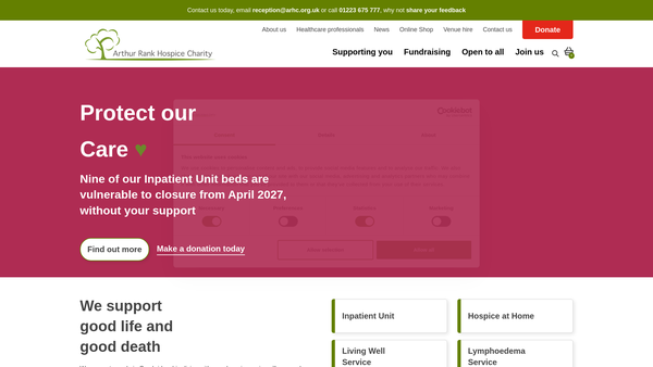 Screenshot of the Arthur Rank House Hospice Charity website