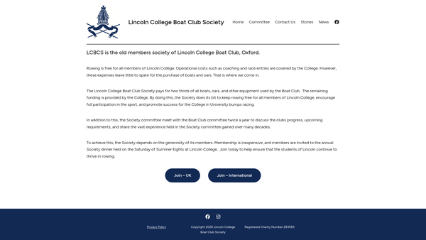 Screenshot of the The Lincoln College Boat Club Society website