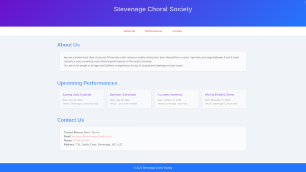 Screenshot of the Stevenage Choral Society website