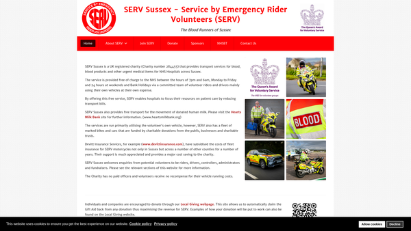 Screenshot of the Service By Emergency Rider Volunteers website