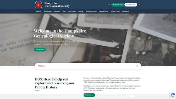 Screenshot of the The Hampshire Genealogical Society website