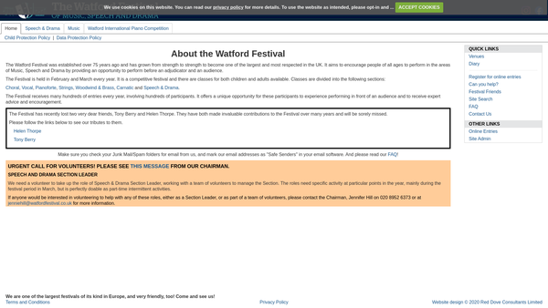 Screenshot of the The Watford  Festival of Music, Speech and Drama website