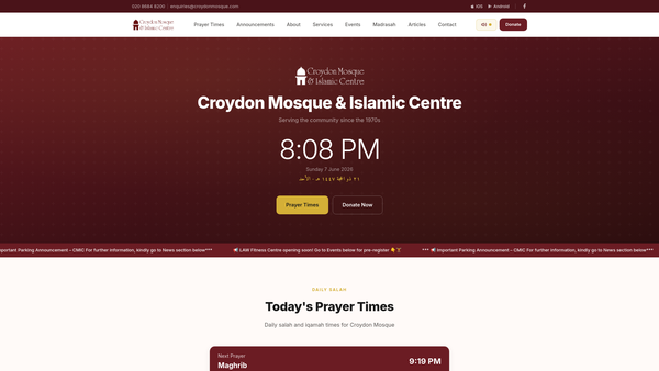 Screenshot of the Croydon Mosque And Islamic Centre website