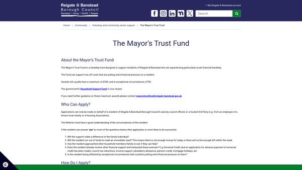 Screenshot of the The Mayor Of Reigate And Banstead's Trust Fund website