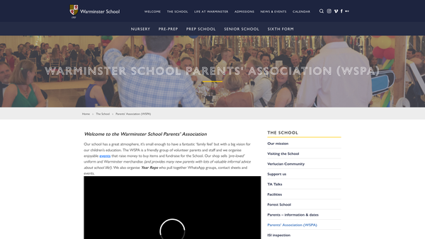 Screenshot of the Warminster School Parents' Association website