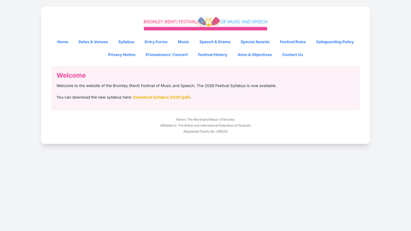 Screenshot of the Bromley (Kent) Festival Of Music And Speech website