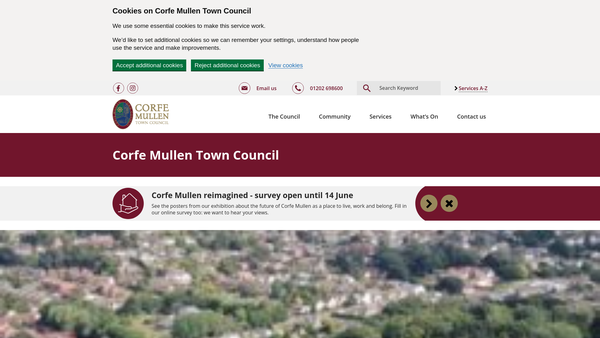 Screenshot of the Corfe Mullen Village Hall website