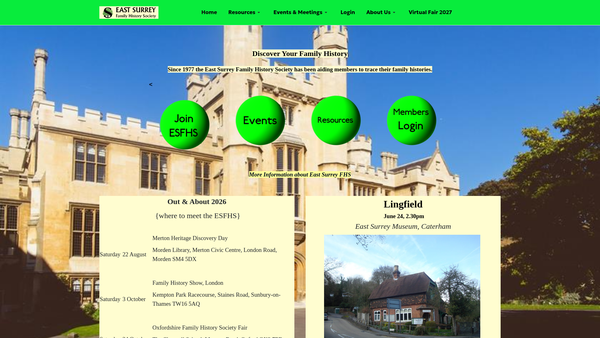 Screenshot of the East Surrey Family History Society website