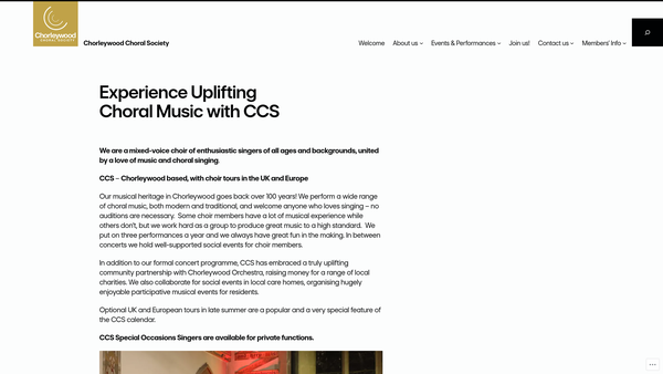 Screenshot of the Chorleywood Choral Society website