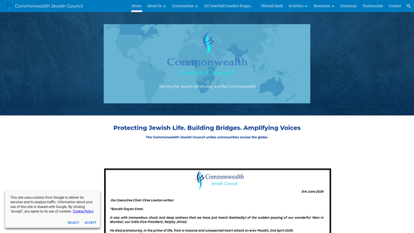 Screenshot of the Commonwealth Jewish Council website