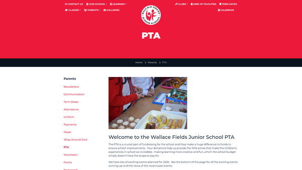 Screenshot of the Wallace Fields Junior School Parent Teachers Association website