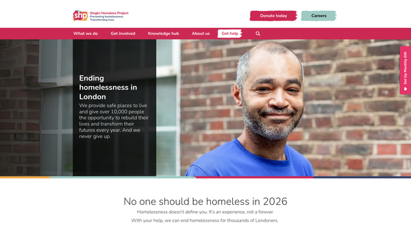Screenshot of the The Single Homeless Project website
