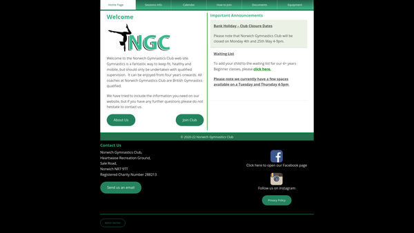 Screenshot of the Norwich Gymnastics Club website
