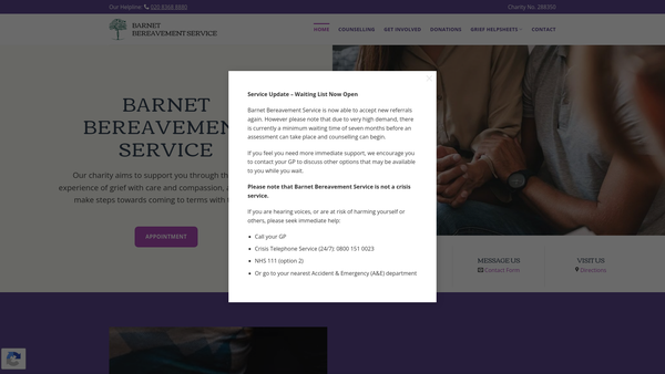 Screenshot of the The Barnet Bereavement Service website