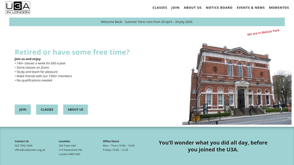 Screenshot of the U3A In London website