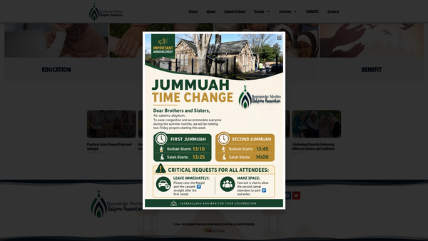 Screenshot of the Basingstoke Muslim Welfare Association website